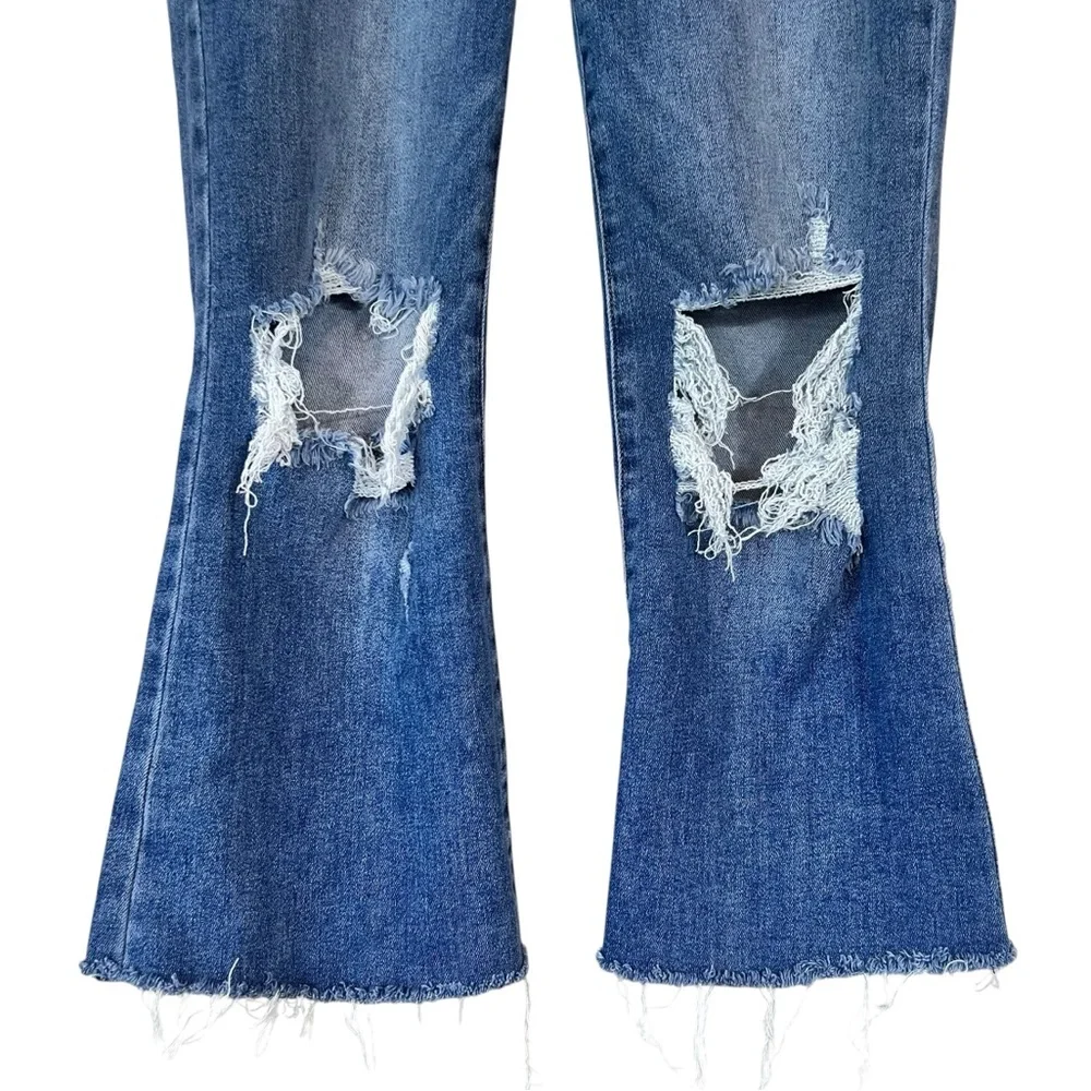 Risen High Rise Raw Hem Distressed Ankle Straight Jeans